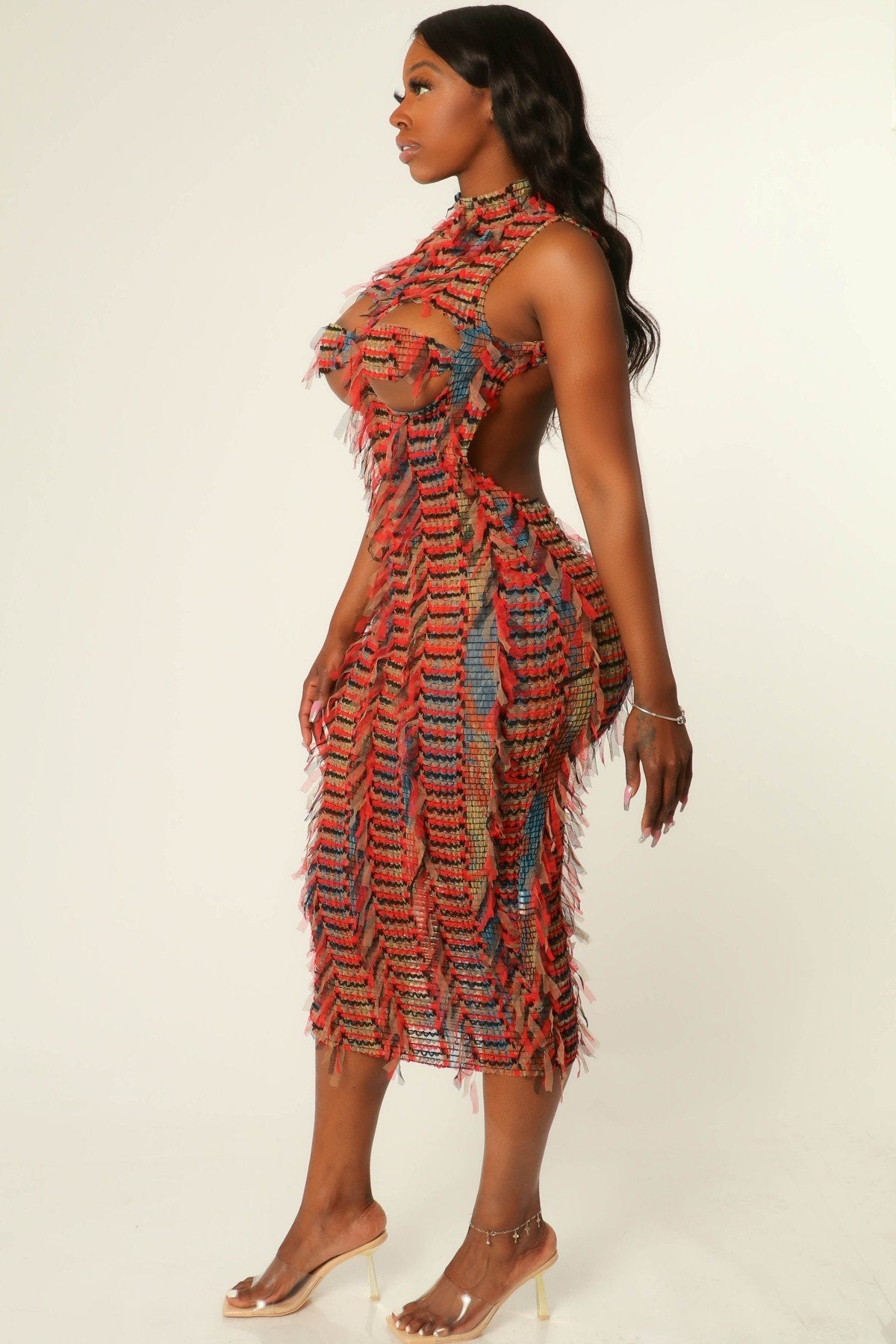 MULTI COLOR FRINGE ALLOVER BODYCON MIDI DRESS