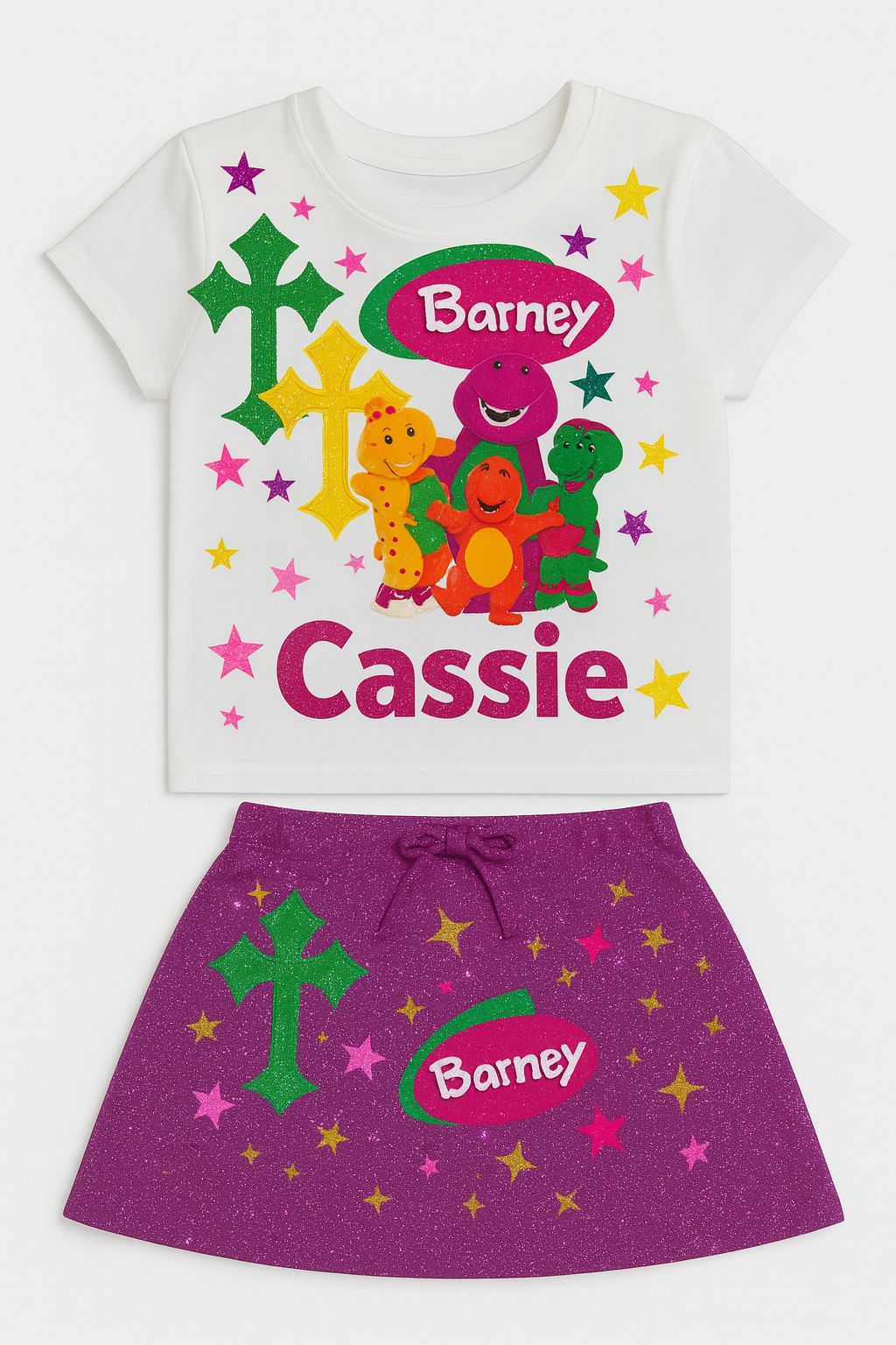 Kids Barney Outfit β Purple Cartoon Skirt & Tee