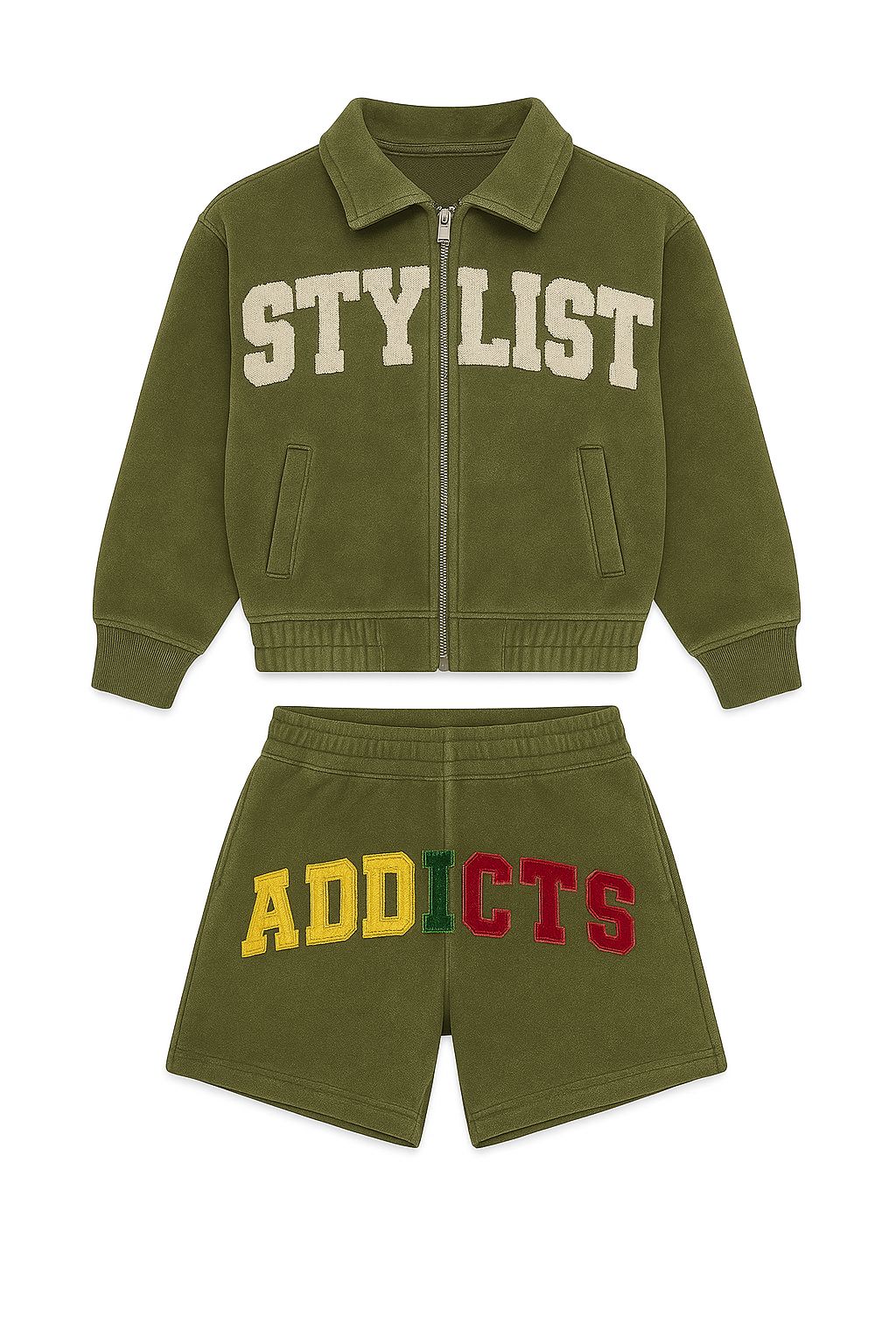 Kids Stylist Outfit – Olive “STYLIST” Jacket & Colorblock ADDICTS Shorts