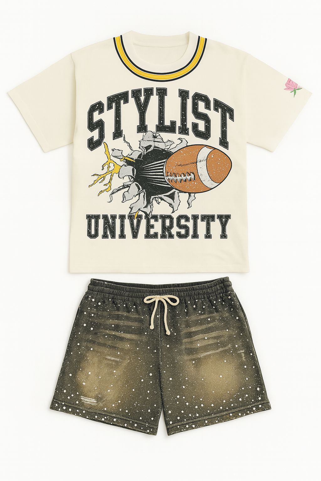 Kids Stylist University Set – Vintage Football Graphic & Splatter Shorts