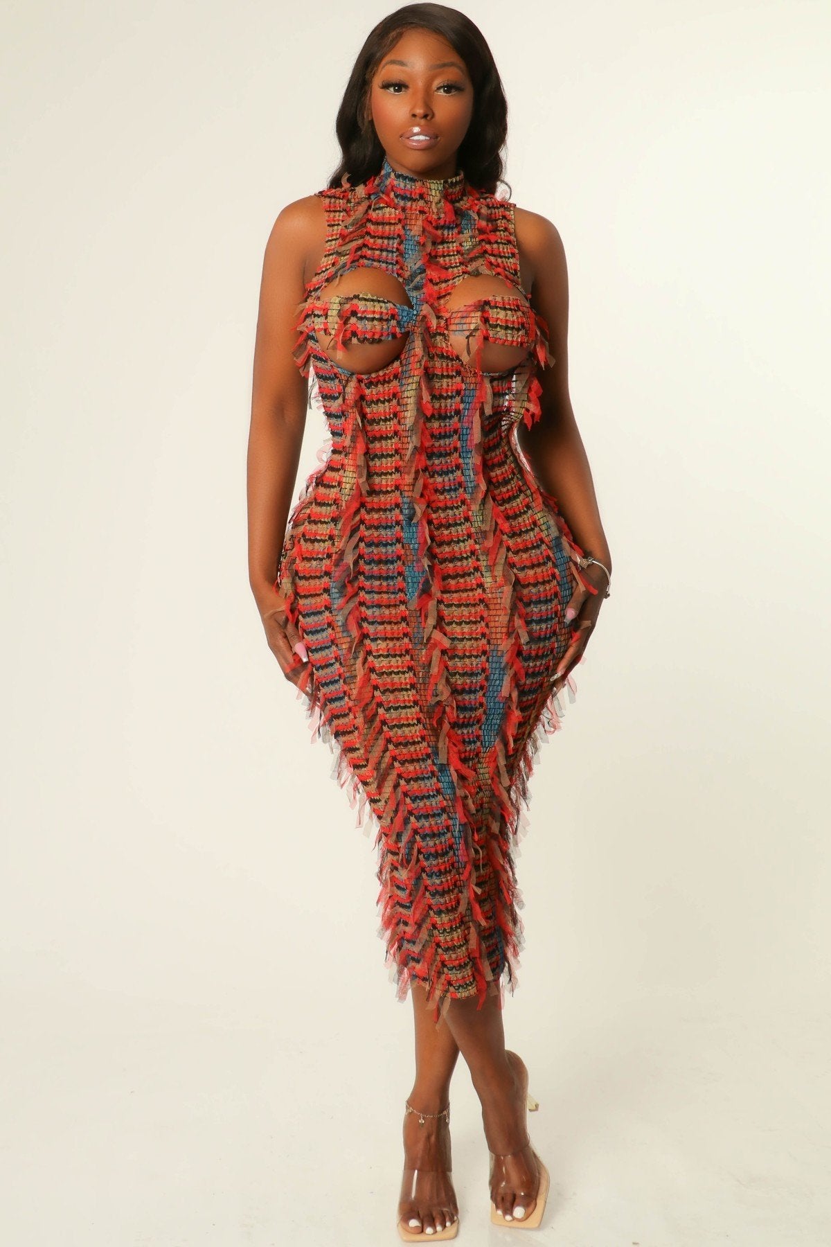 MULTI COLOR FRINGE ALLOVER BODYCON MIDI DRESS