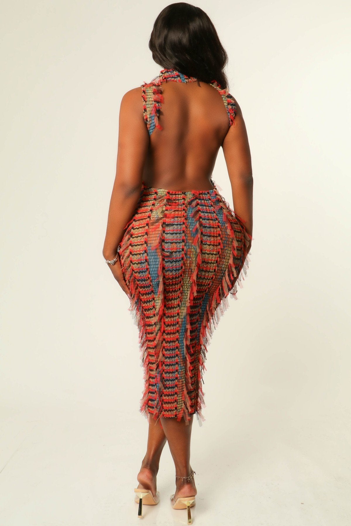 MULTI COLOR FRINGE ALLOVER BODYCON MIDI DRESS