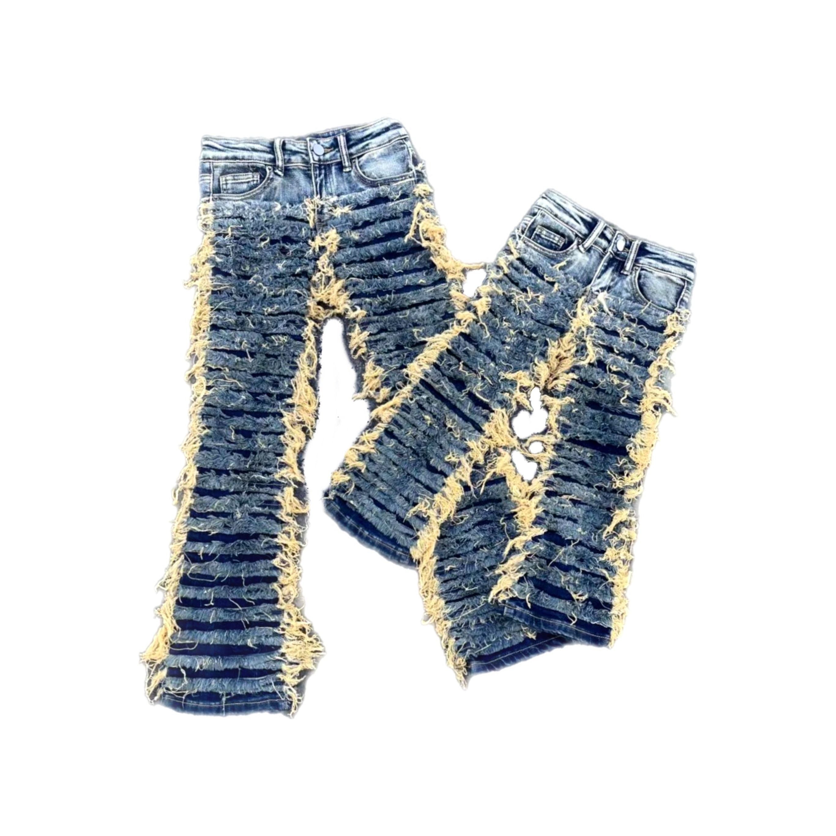 Kids blue tan shredded stack Denim