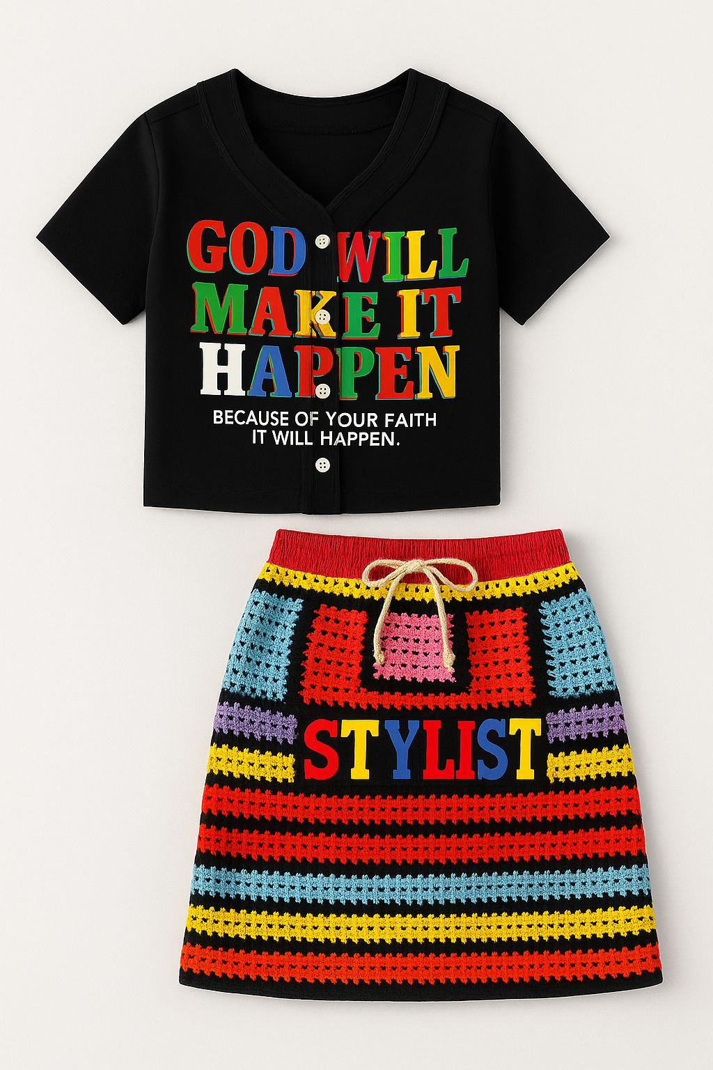 Kids’ Colourful Faith & Style Set – “God Will Make It Happen” Tee & Crochet Skirt